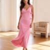 Pink Tie-Shoulder Maxi Slip Dress with Rosette Detail