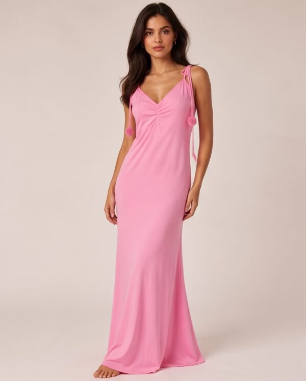 Pink Tie-Shoulder Maxi Slip Dress with Rosette Detail