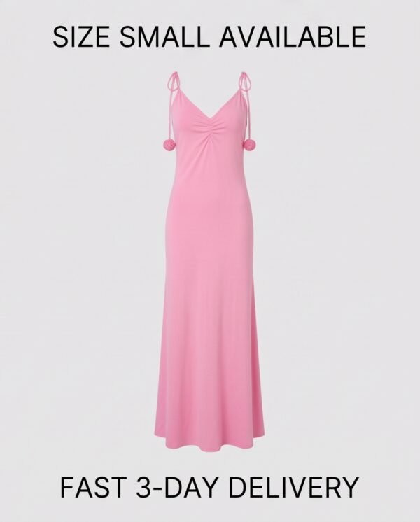 Pink Tie-Shoulder Maxi Slip Dress with Rosette Detail