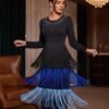 BS-DRS-012_1 Black Rhinestone Neckline Ombre Fringe Tiered Dress