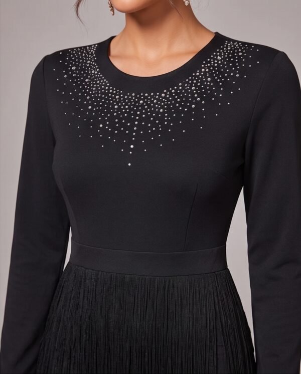 BS-DRS-012_2 Black Rhinestone Neckline Ombre Fringe Tiered Dress