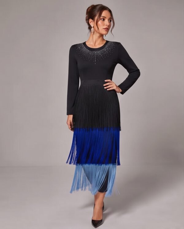 BS-DRS-012_3 Black Rhinestone Neckline Ombre Fringe Tiered Dress