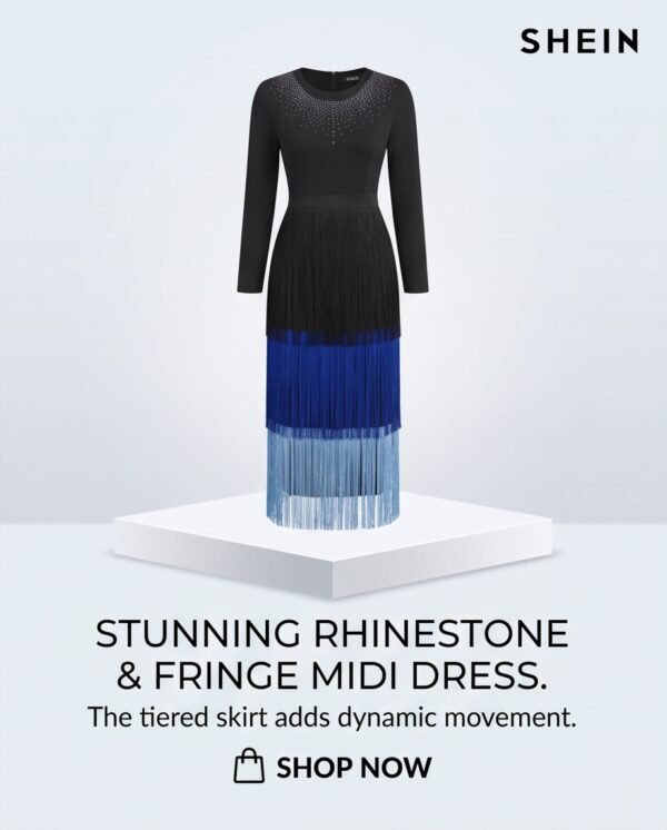 BS-DRS-012_4 Black Rhinestone Neckline Ombre Fringe Tiered Dress