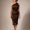 Black Lace One-Shoulder Ruched Midi Dress