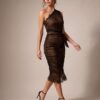 Black Lace One-Shoulder Ruched Midi Dress