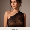 Black Lace One-Shoulder Ruched Midi Dress