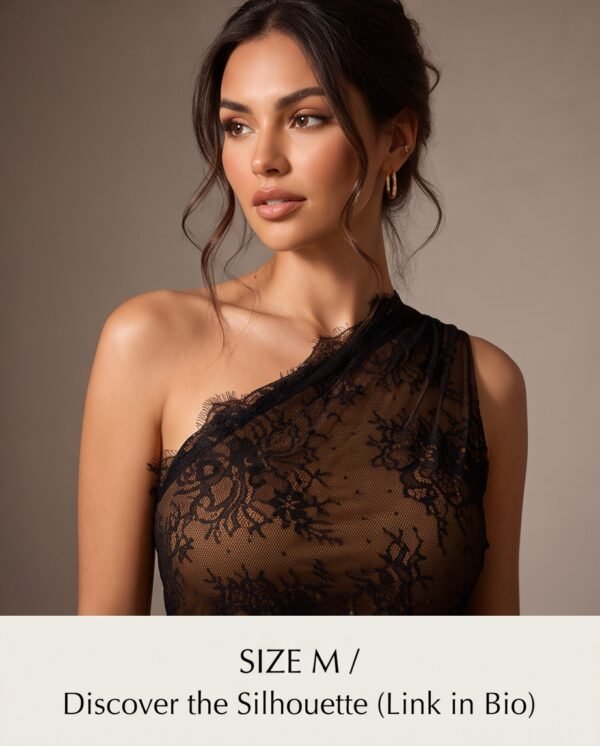 Black Lace One-Shoulder Ruched Midi Dress