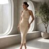 Beige Rib-Knit High-Neck Bodycon Midi Dress