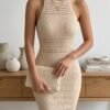 Beige Rib-Knit High-Neck Bodycon Midi Dress