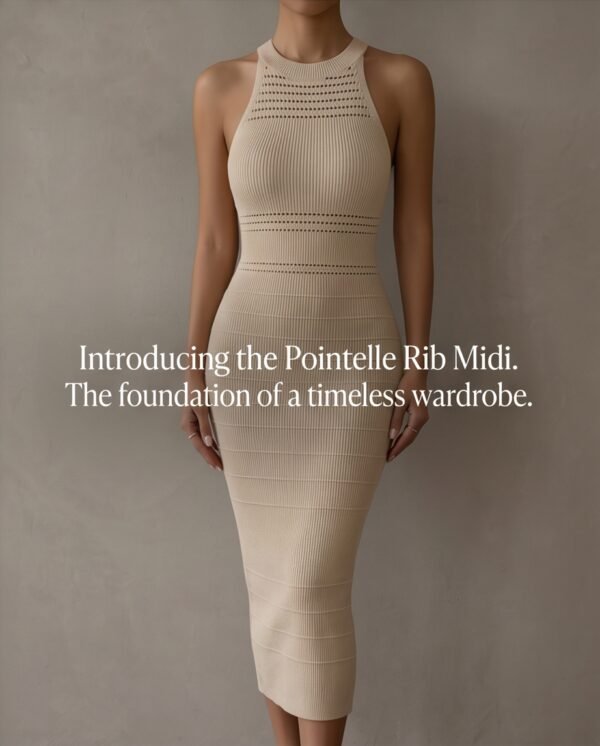 Beige Rib-Knit High-Neck Bodycon Midi Dress