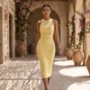 BS-DRS-017_1 Yellow Ribbed Halter High-Neck Bodycon Midi Dress