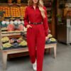 Red Button-Front Long Sleeve Utility Jumpsuit