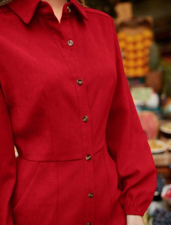 Red Button-Front Long Sleeve Utility Jumpsuit