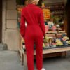 Red Button-Front Long Sleeve Utility Jumpsuit
