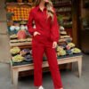 Red Button-Front Long Sleeve Utility Jumpsuit