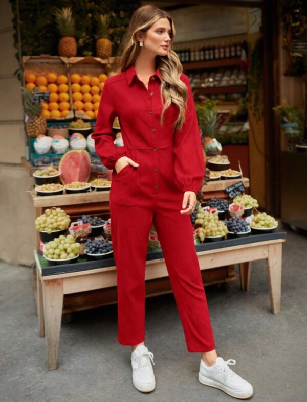 Red Button-Front Long Sleeve Utility Jumpsuit