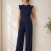 Navy Ruffle Sleeve Wide-Leg Formal Jumpsuit