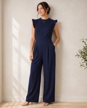 BS-JMP-005_1 Navy Ruffle Sleeve Wide-Leg Formal Jumpsuit