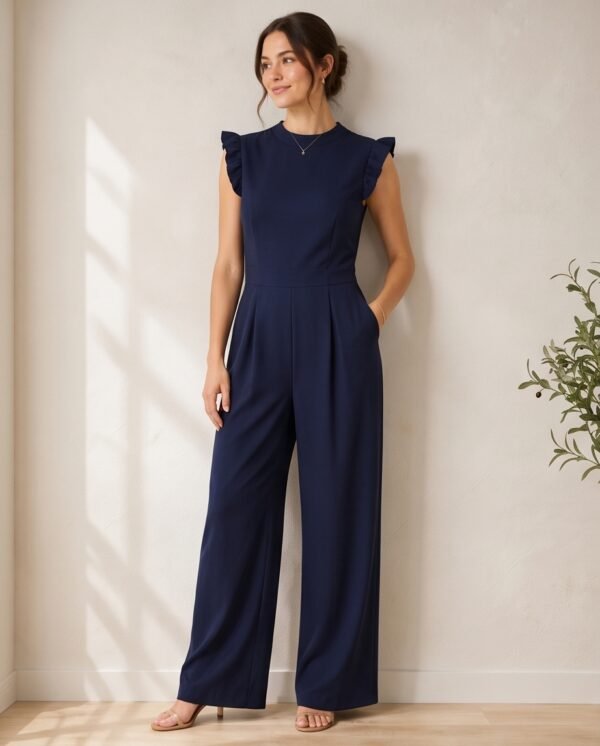 Navy Ruffle Sleeve Wide-Leg Formal Jumpsuit