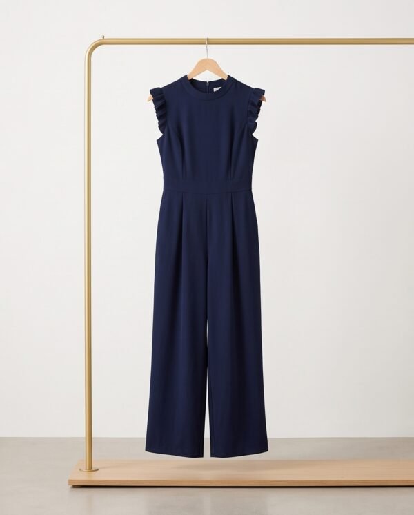 Navy Ruffle Sleeve Wide-Leg Formal Jumpsuit