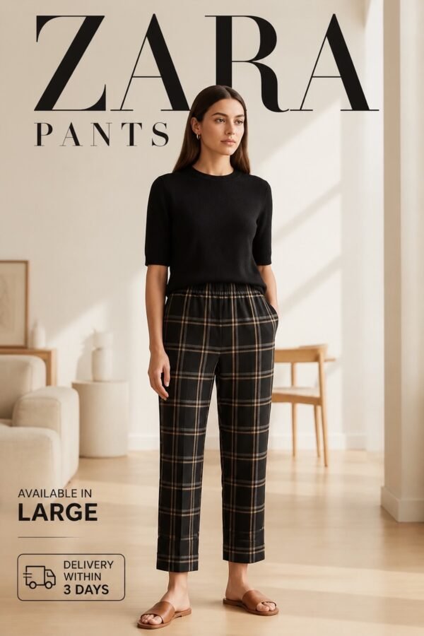 Black & Brown Plaid Straight-Leg Trousers