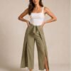 BS-PAN-007_1 Olive Green Wide-Leg Wrap Tie Pants with Front Slit
