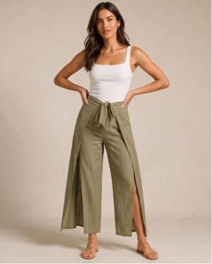 BS-PAN-007_1 Olive Green Wide-Leg Wrap Tie Pants with Front Slit