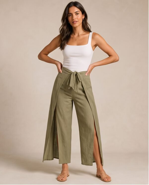 BS-PAN-007_1 Olive Green Wide-Leg Wrap Tie Pants with Front Slit