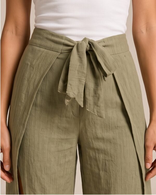 BS-PAN-007_2 Olive Green Wide-Leg Wrap Tie Pants with Front Slit