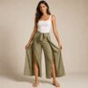 BS-PAN-007_3 Olive Green Wide-Leg Wrap Tie Pants with Front Slit