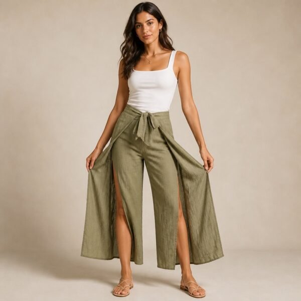 BS-PAN-007_3 Olive Green Wide-Leg Wrap Tie Pants with Front Slit