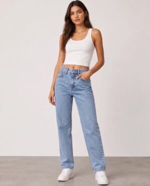 BS-PAN-008_1 Light Wash Straight-Leg High-Waist Jeans