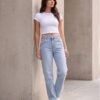 Light Wash Cutout Waist Straight-Leg Jeans