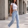 Light Wash Cutout Waist Straight-Leg Jeans
