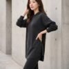 BS-SET-001_1 Black Ribbed Knit Hoodie & Legging Set