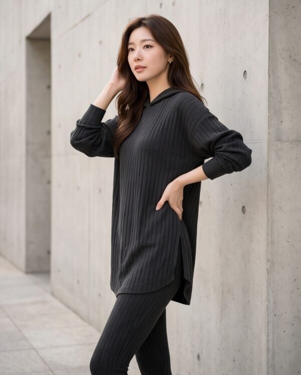 BS-SET-001_1 Black Ribbed Knit Hoodie & Legging Set