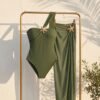 Olive Green One-Shoulder Swimsuit with Matching Sheer Wrap Cover-Up