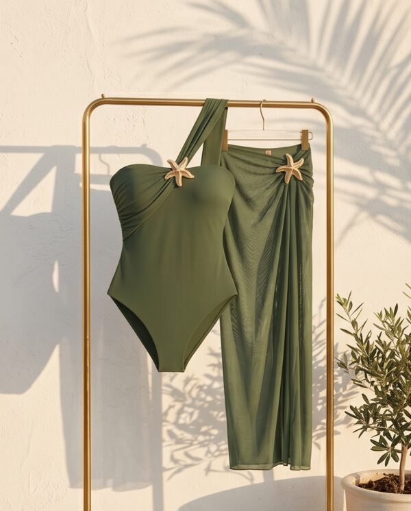 Olive Green One-Shoulder Swimsuit with Matching Sheer Wrap Cover-Up