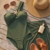 Olive Green One-Shoulder Swimsuit with Matching Sheer Wrap Cover-Up