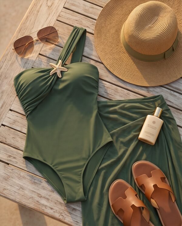 Olive Green One-Shoulder Swimsuit with Matching Sheer Wrap Cover-Up
