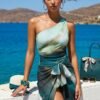 Teal Ombre One-Shoulder Swimsuit with Matching Wrap Skirt Cover-Up