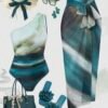 Teal Ombre One-Shoulder Swimsuit with Matching Wrap Skirt Cover-Up