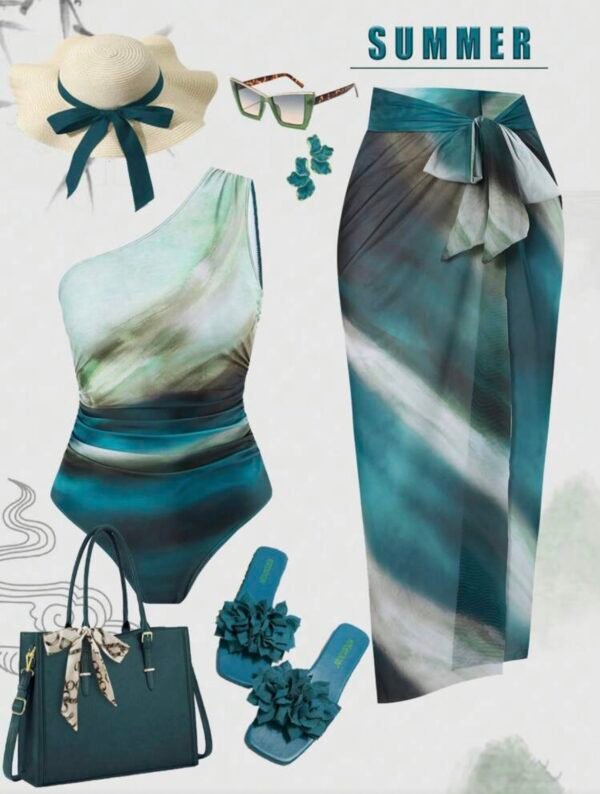 Teal Ombre One-Shoulder Swimsuit with Matching Wrap Skirt Cover-Up