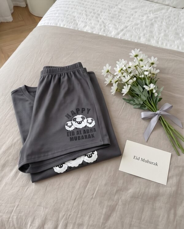 Grey Happy Eid Al Adha Graphic Pajama Set