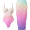 Pastel Ombre Shell Bikini Swimsuit with Matching Sarong Skirt