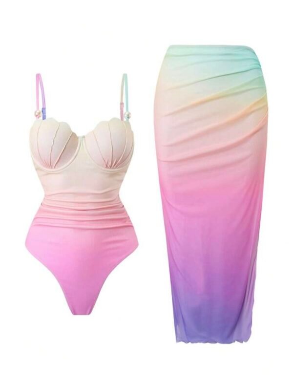 Pastel Ombre Shell Bikini Swimsuit with Matching Sarong Skirt