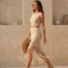 Cream Crochet Knit Crop Top and Fringe Midi Skirt Set