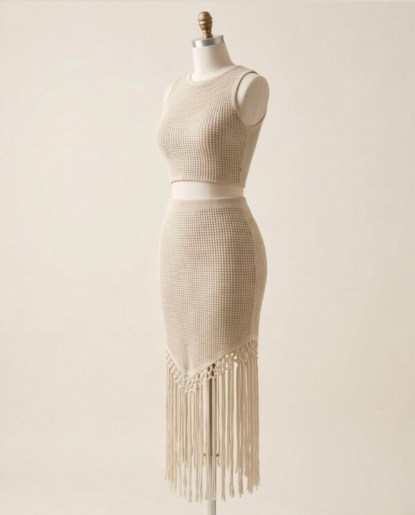 Cream Crochet Knit Crop Top and Fringe Midi Skirt Set