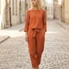 Rust Orange Linen Boxy Top and Tapered Pants Set