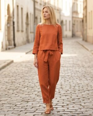 BS-SET-009_1 Rust Orange Linen Boxy Top and Tapered Pants Set